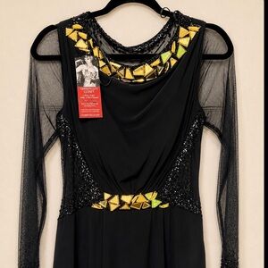 Vintage Black Gold Beaded Formal Gown Mesh Sleeve Dress Sz 10”